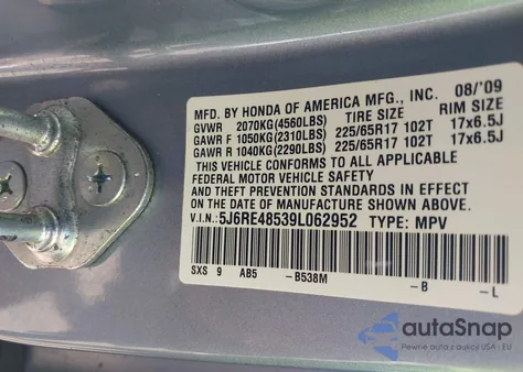 2009 Honda Cr-V Ex z USA, uszkodzony, nr VIN 5J6RE48539L062952